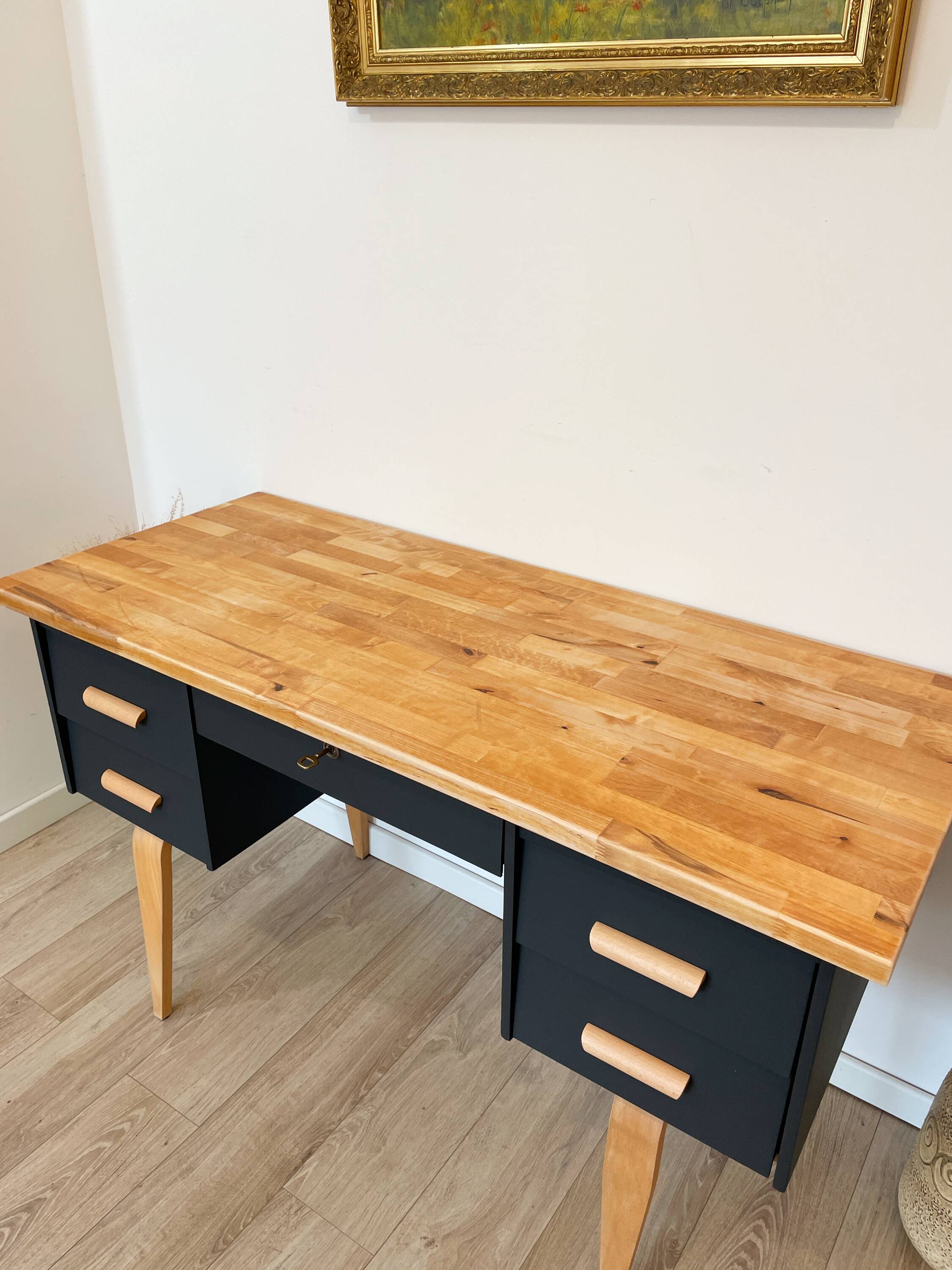 Vintage desk, Scandinavian style, Black lacquer and Beech