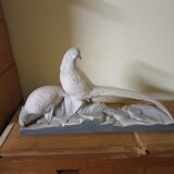 Art Deco ceramic, pair of pheasants in cracked earthenware on wooden base