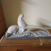 Art Deco ceramic, pair of pheasants in cracked earthenware on wooden base