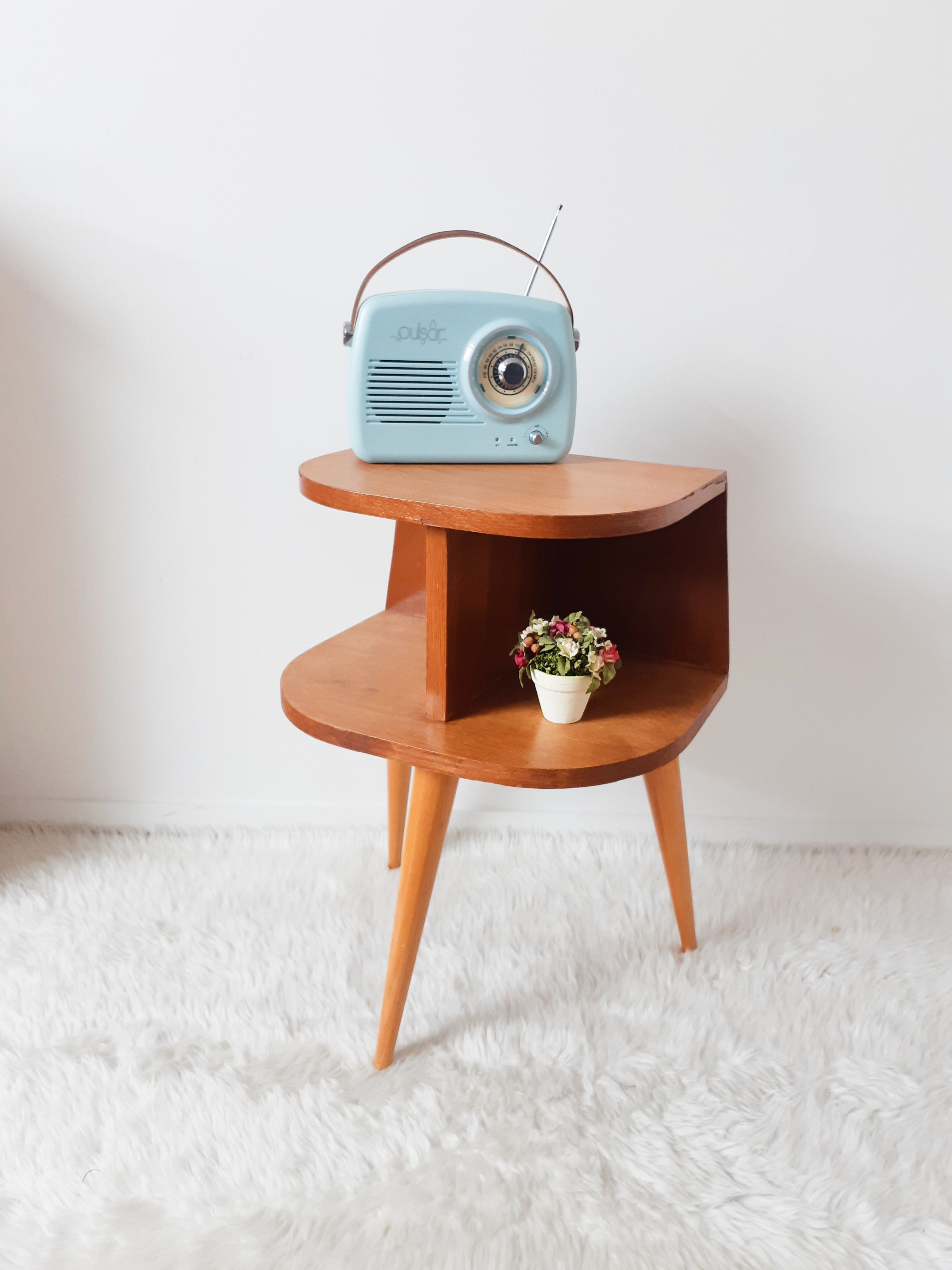 Old bedside table varnished wood, tripod varnished feet, vintage French, 50s (1)