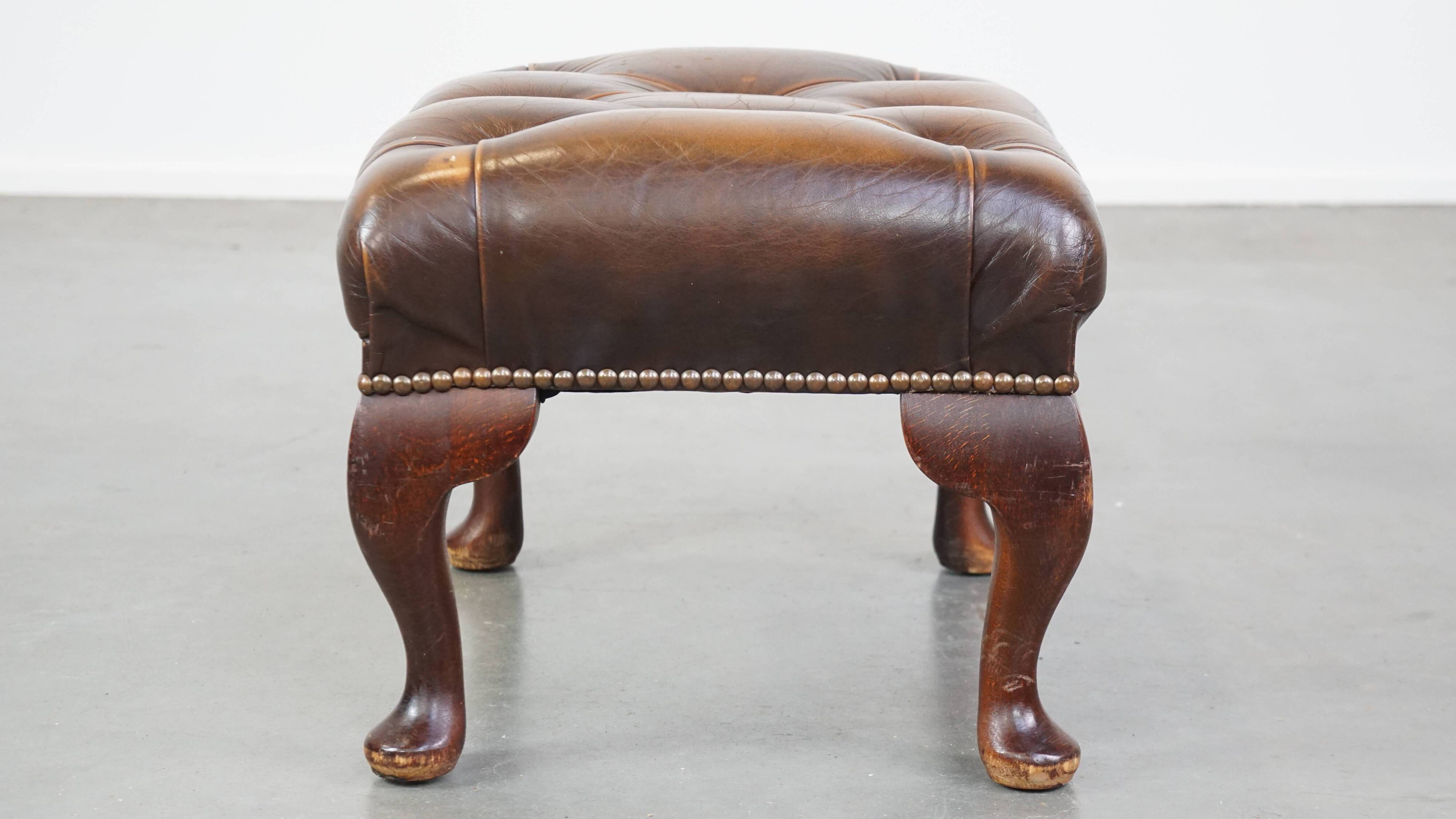 Brown cow leather chesterfield footstool