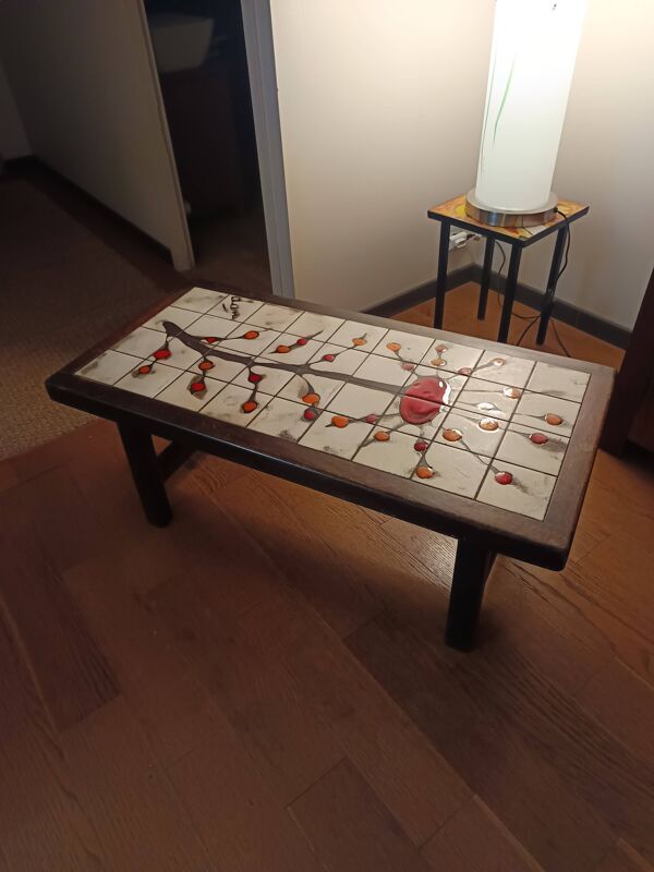 Table basse céramique et bois signée dan vallauris 1950/1960
