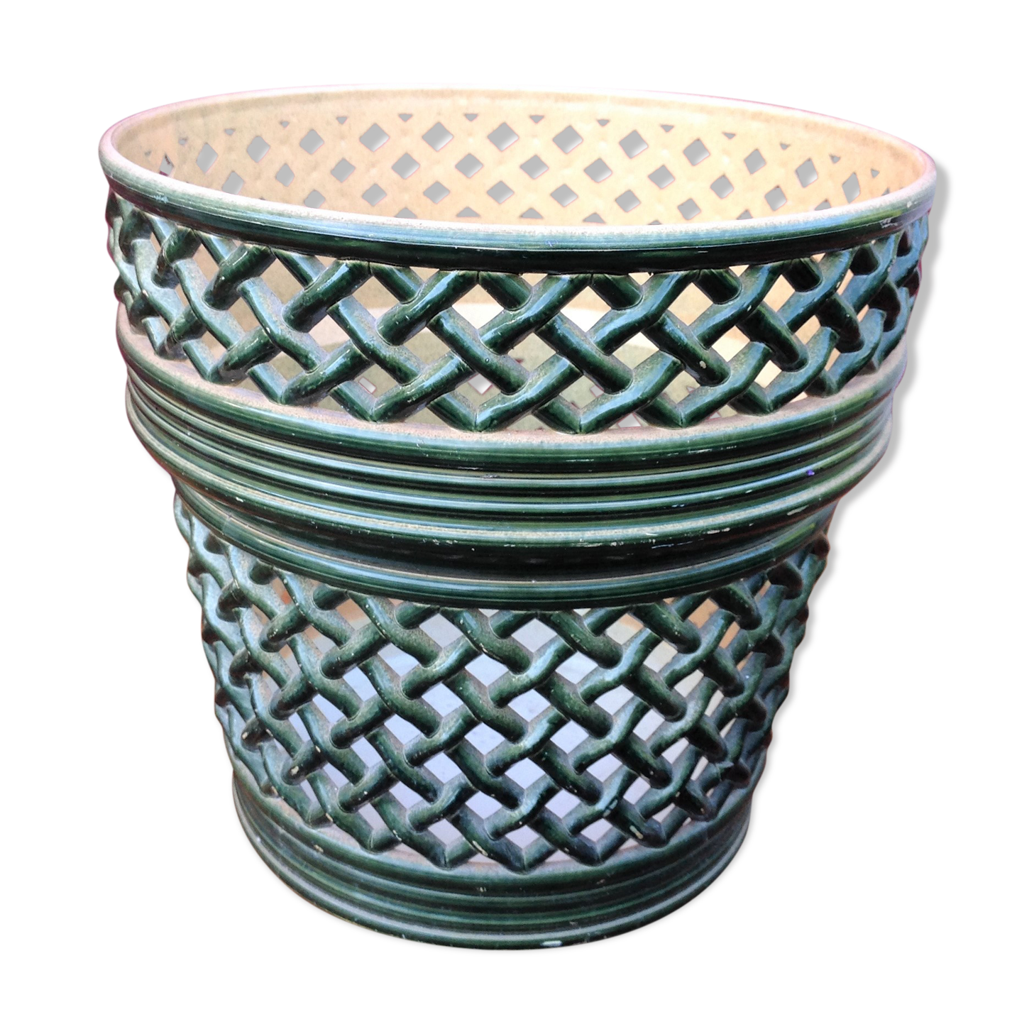 Cache pot green bottle imitation wicker braided / vintage 60s-70s