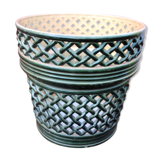 Cache pot green bottle imitation wicker braided / vintage 60s-70s