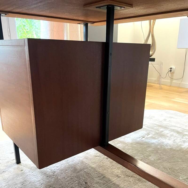 Vintage modernist desk in wood and black with 6 drawers