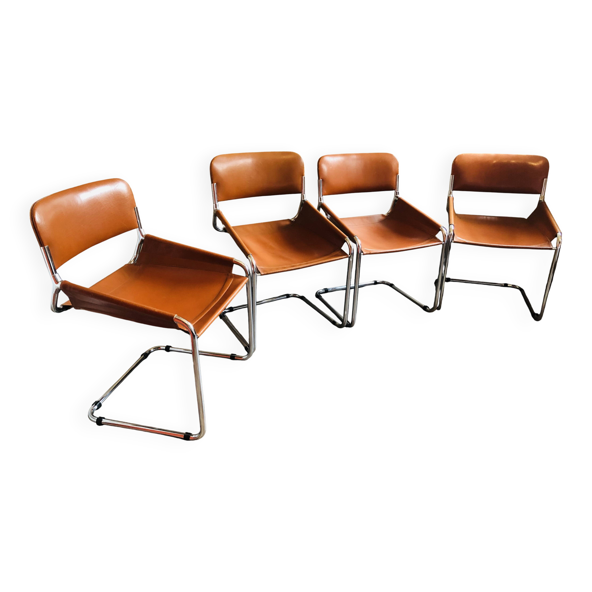4 vintage 70s Italian chairs in cognac leather and stainless steel