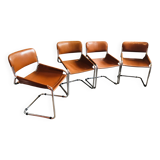 4 vintage 70s Italian chairs in cognac leather and stainless steel