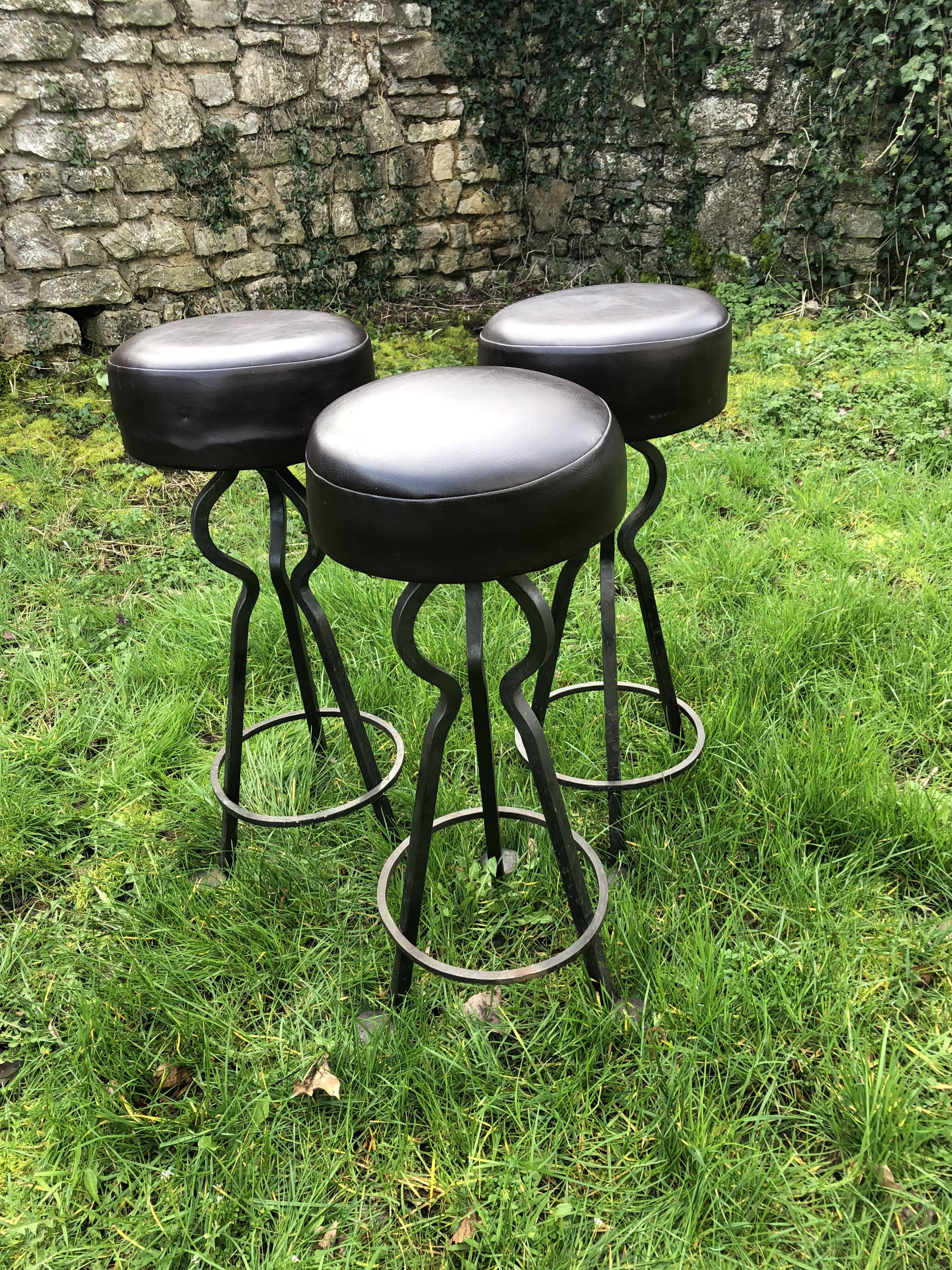 Vintage leather and wrought iron bar stools