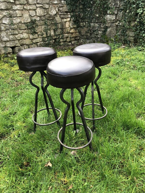 Tabourets de bar cuir et fer forgé vintage