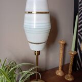 Mid-century gold metal table lamp with white striped shade