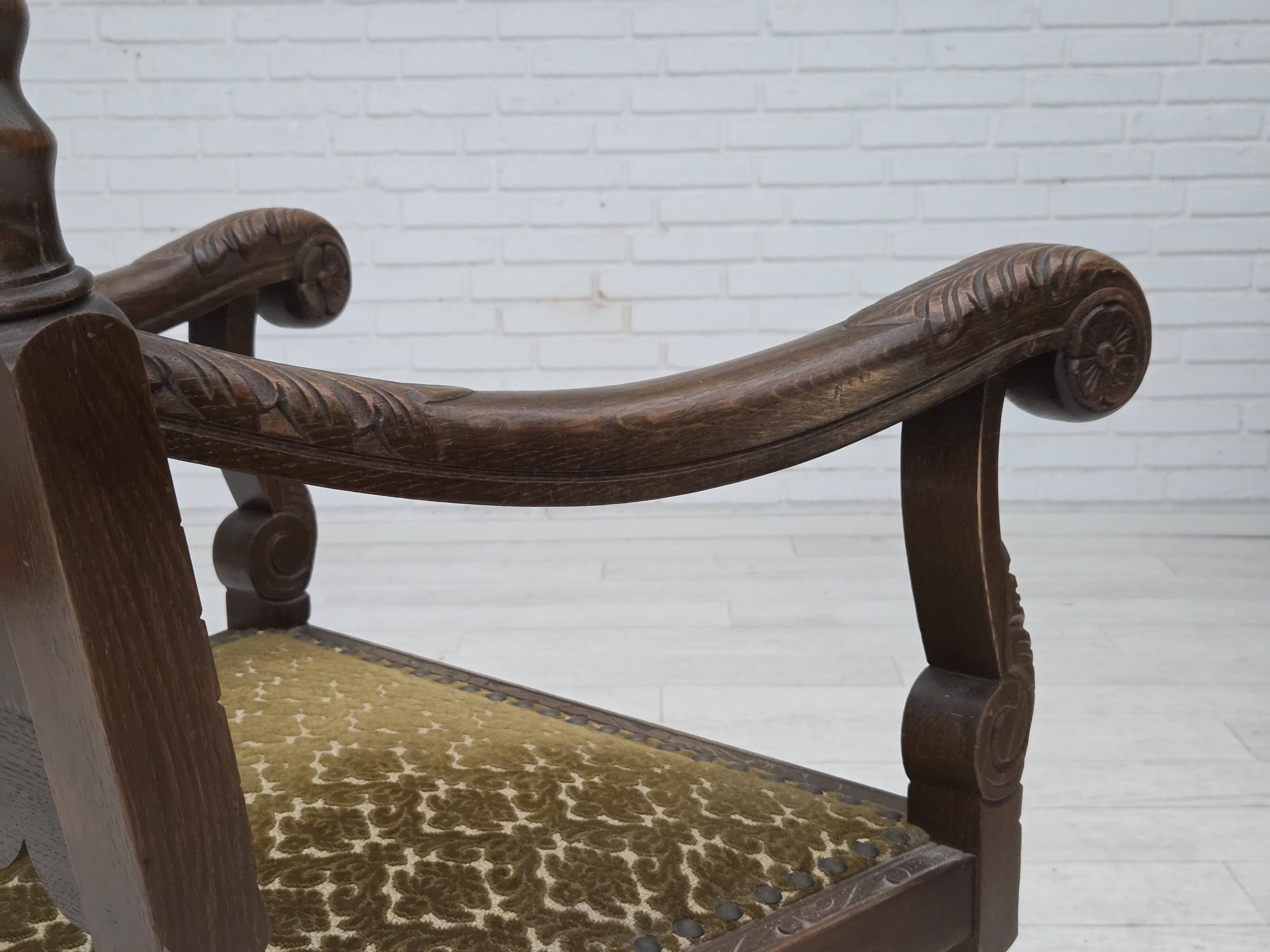 1930s, Danish highback armchair, furniture mesh, velour, carved oak wood.