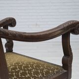 1930s, Danish highback armchair, furniture mesh, velour, carved oak wood.