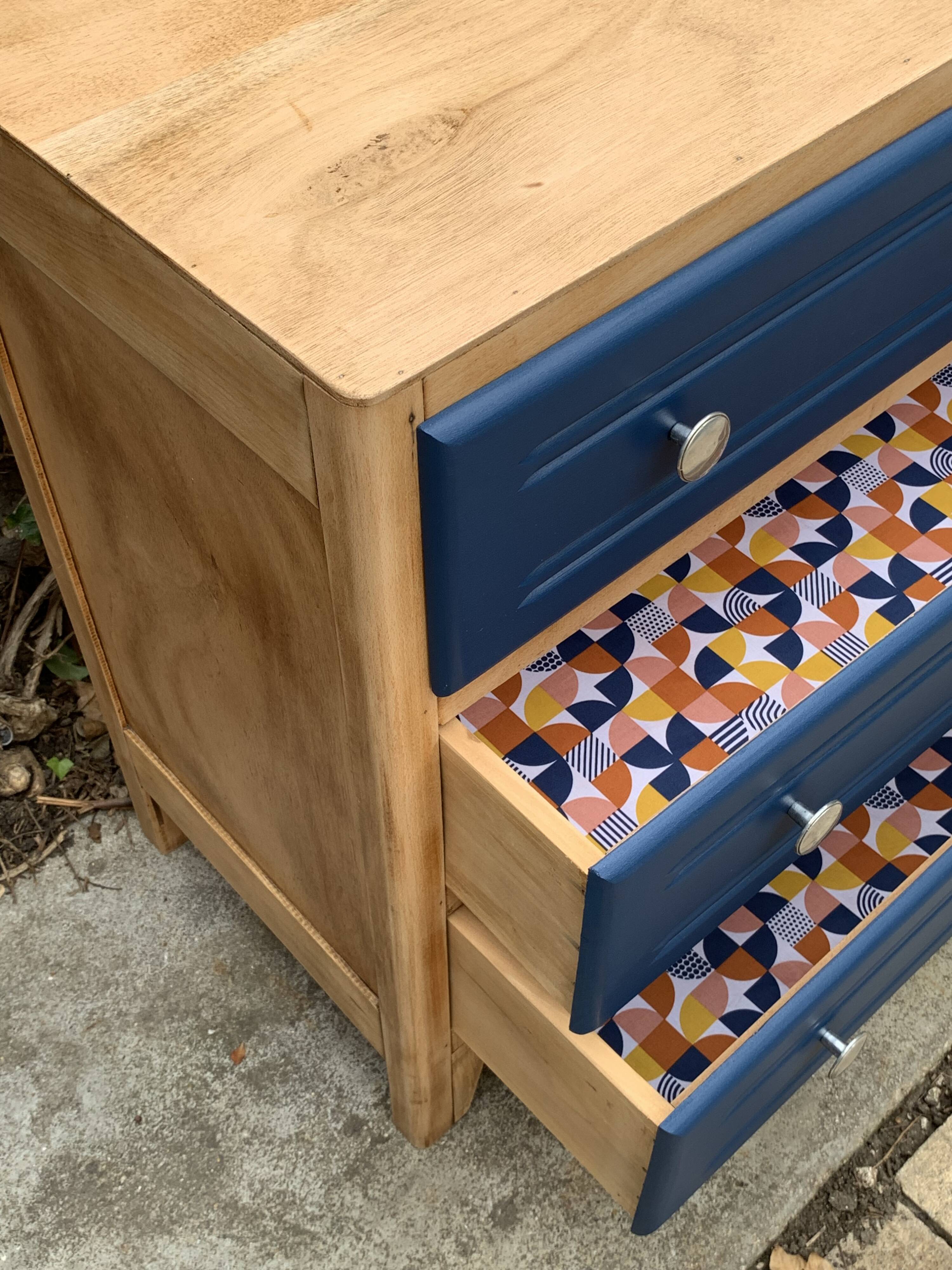 Art Deco chest of drawers in raw wood and blue, 1940