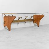 Wall coat rack in wood and glass, 1950s vintage modernism
