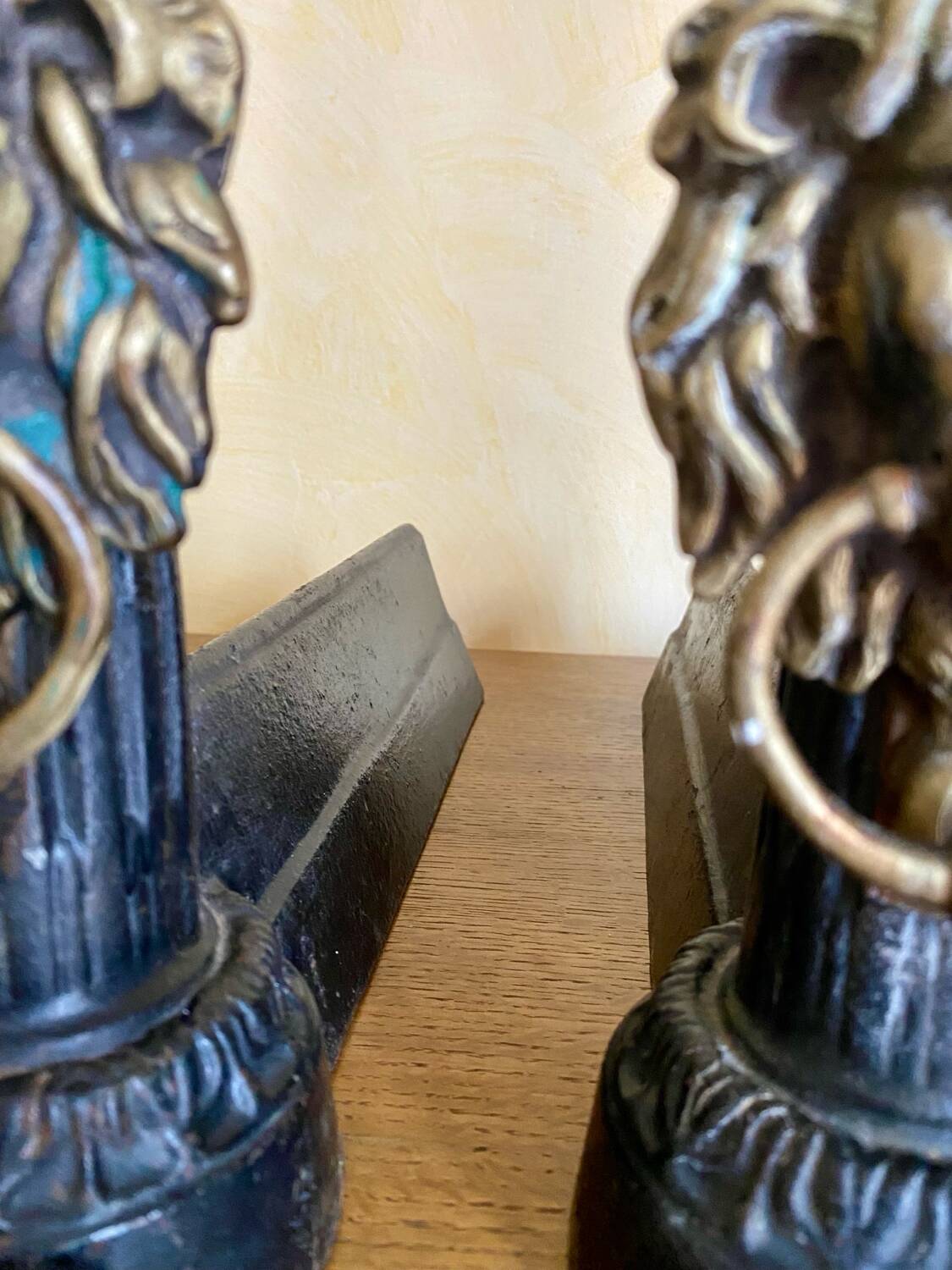 Pair of antique fire dogs with lion heads - patinated cast iron