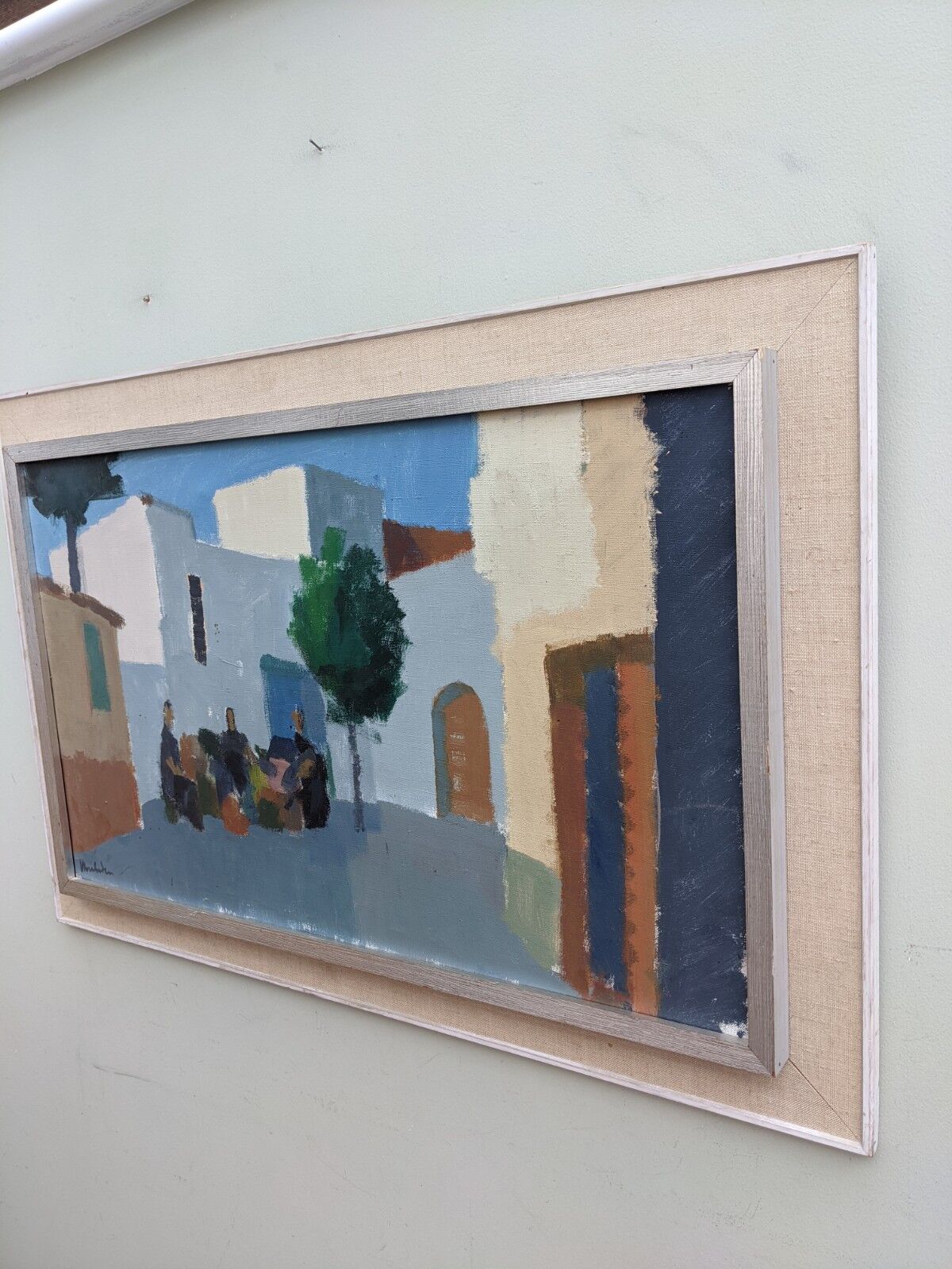 Mid-Century Modern "Charming Town" Vintage Swedish Street Scene Oil Painting, Framed