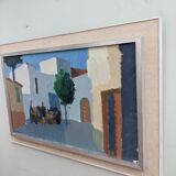 Mid-Century Modern "Charming Town" Vintage Swedish Street Scene Oil Painting, Framed