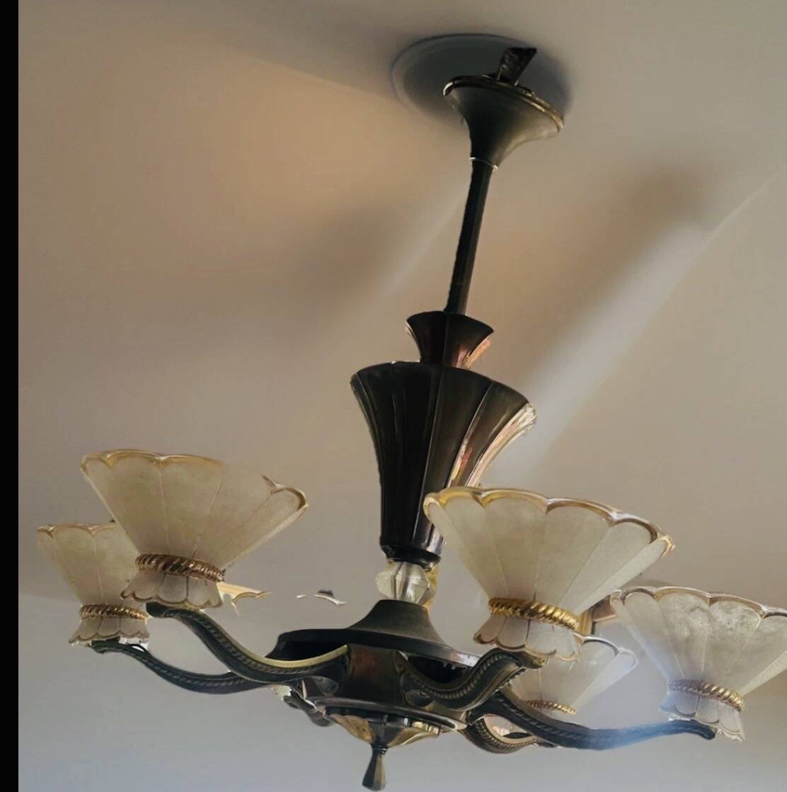 Art Deco Chandelier with Six Lights in Bronze and Frosted Glass, France, 1930s