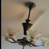 Art Deco Chandelier with Six Lights in Bronze and Frosted Glass, France, 1930s