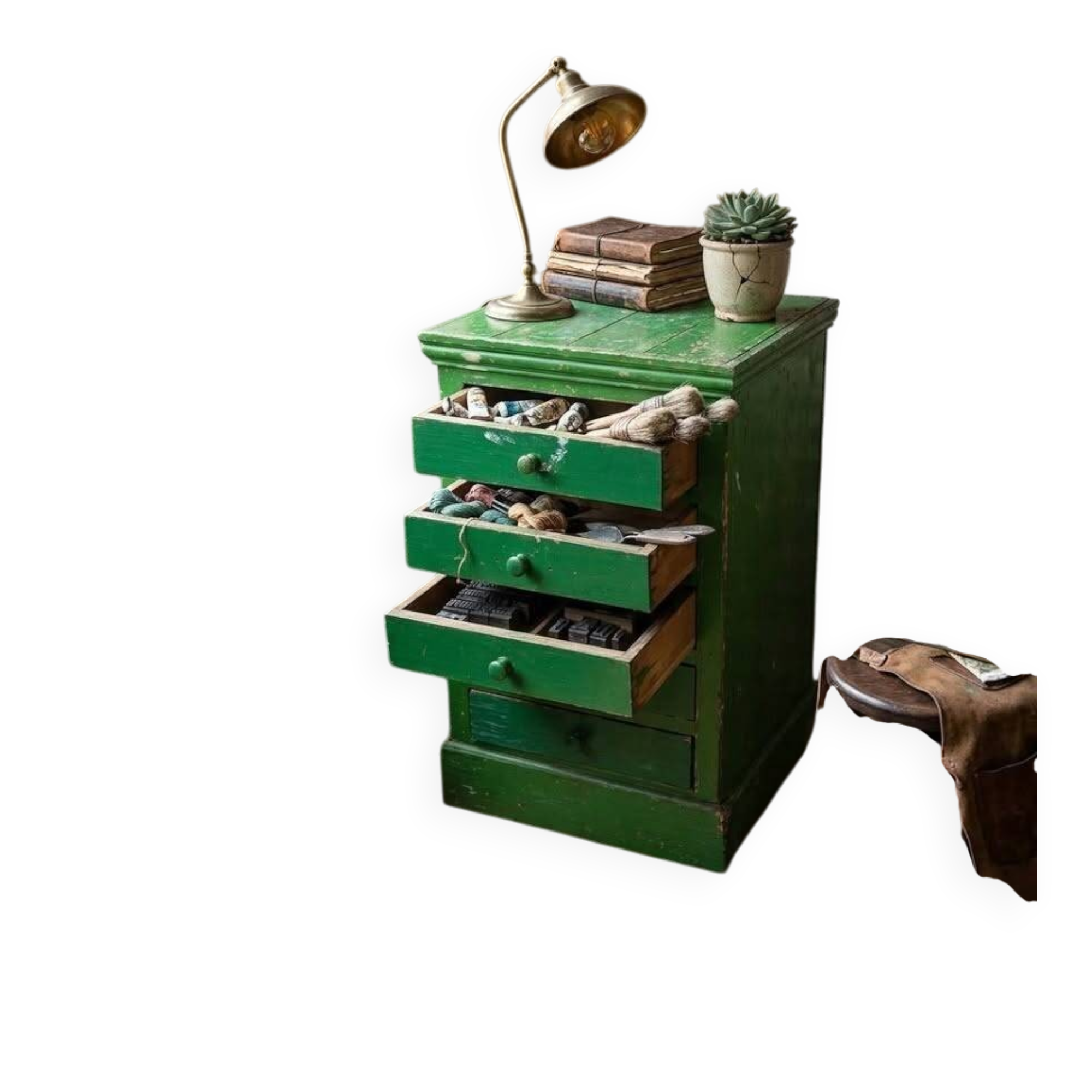 Vintage workshop furniture with 6 green drawers.