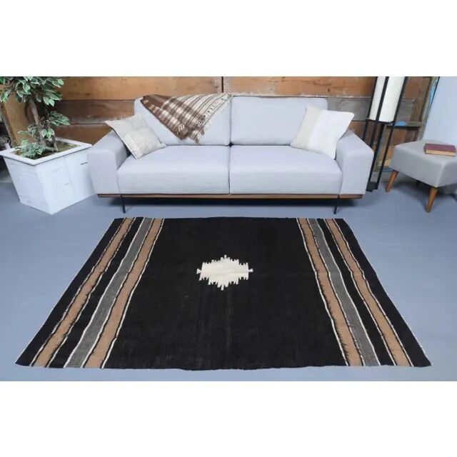 Vintage Turkish Hand-Knotted Wool Cotton Brown Kilim Area Rug 137x190