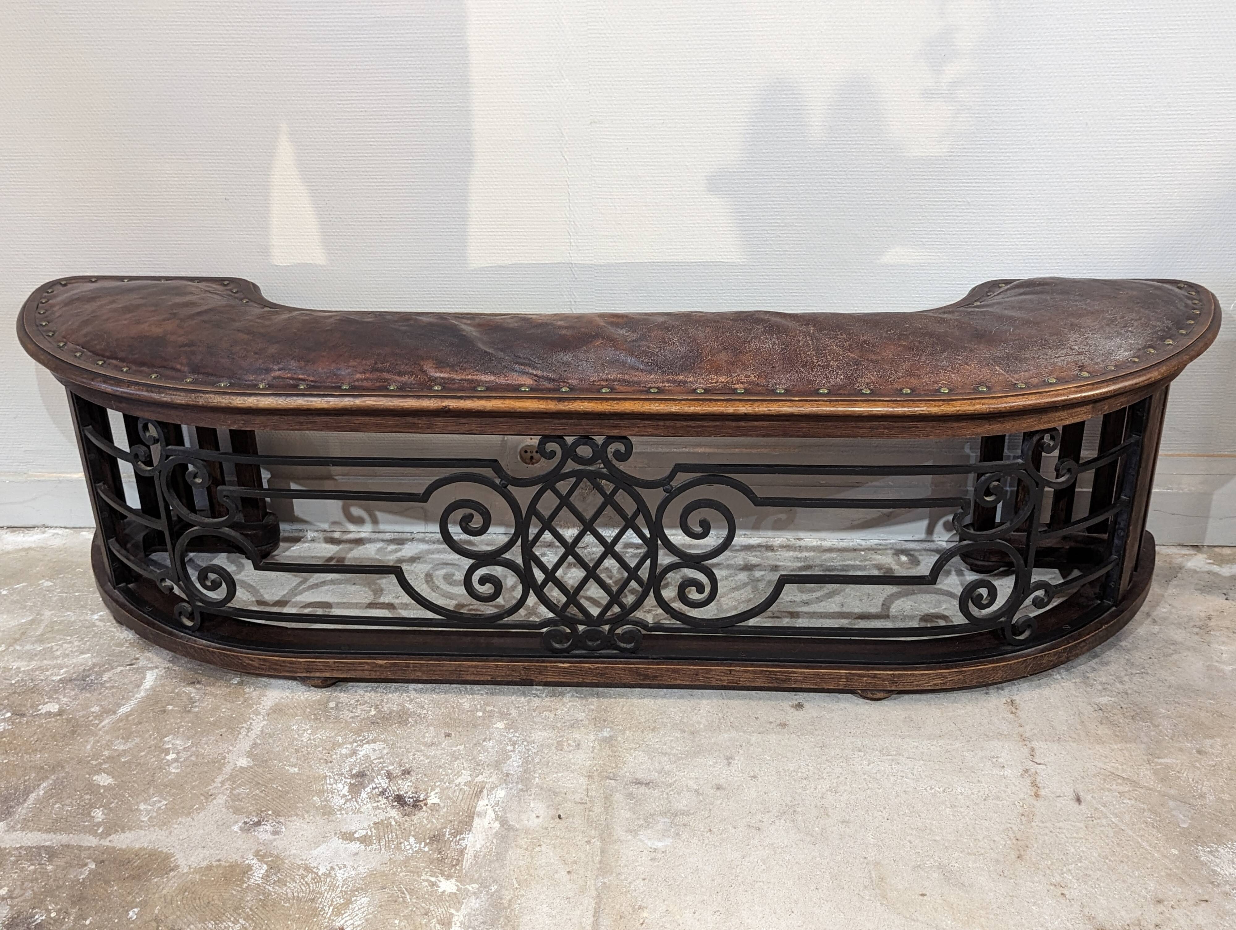 Old fireplace bench, wrought iron leather and oak