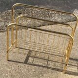 Porte-revues mid-century en laiton doré et bois, vintage années 70, Hongrie