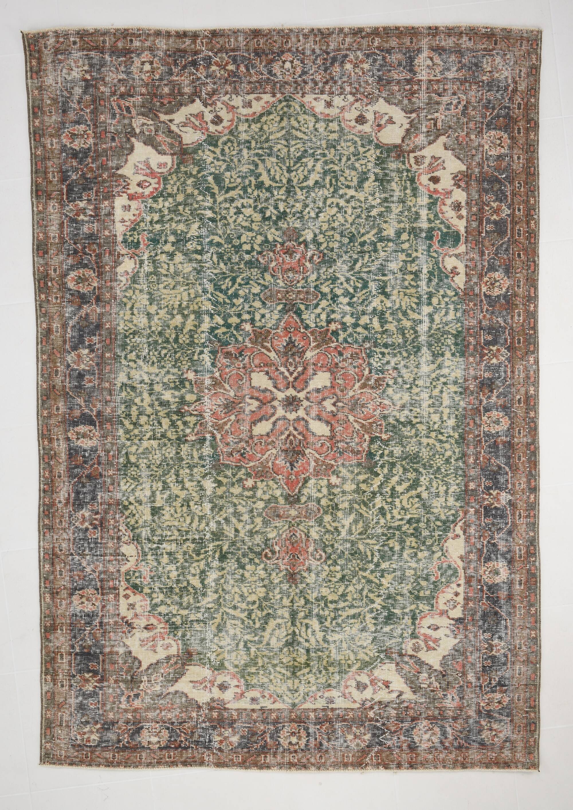 Green Beige Medallion vintage turkish Rug, hand made vintage carpet