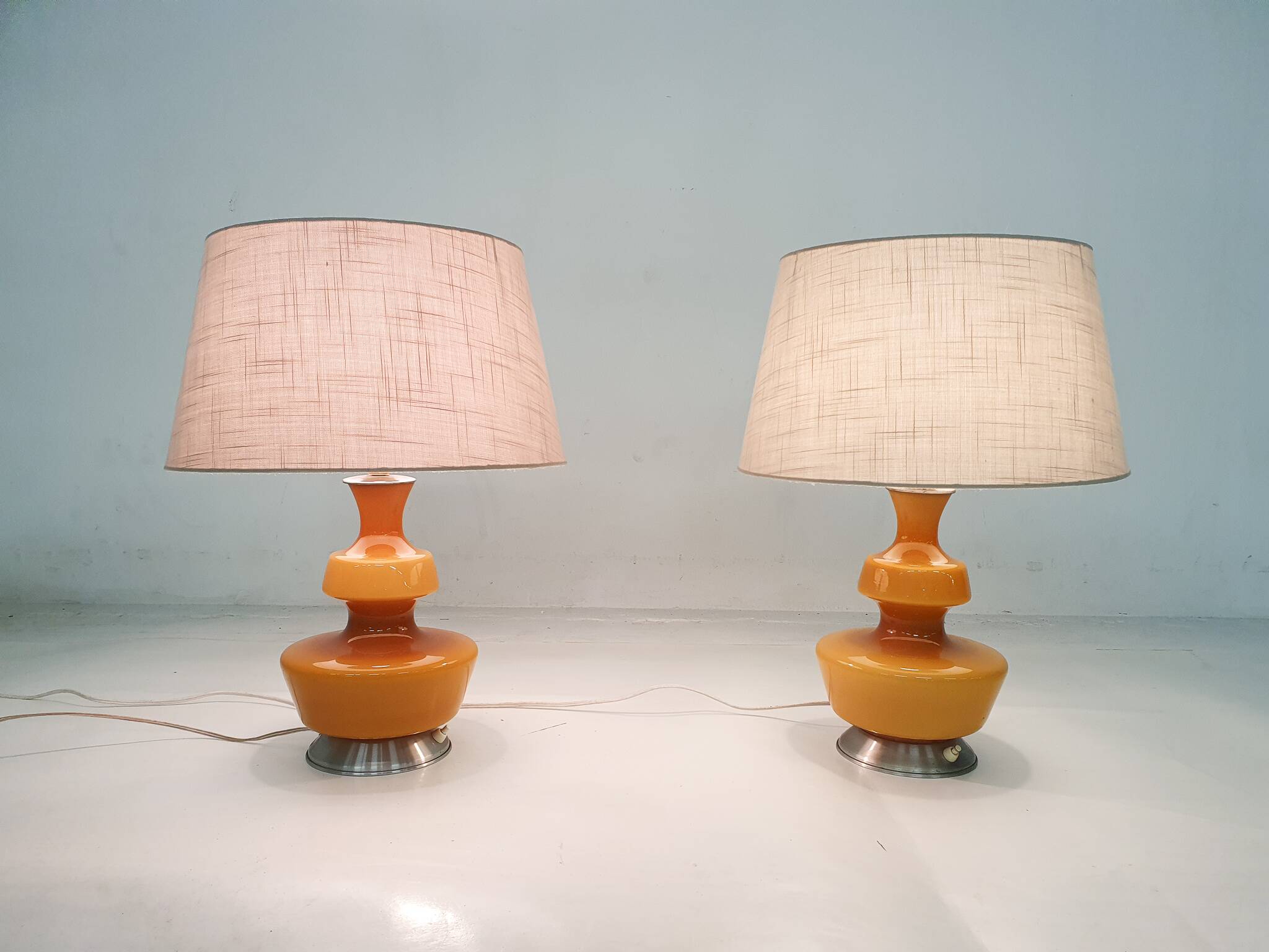 Set of two mid-century yellow glass table lights, Belgium 1960's