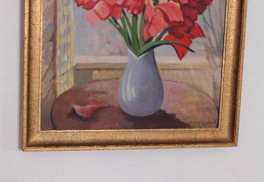 Original Swedish oil on canvas – “Flowers” by Gunnar Larsson – vintage & framed – 58 × 68 cm