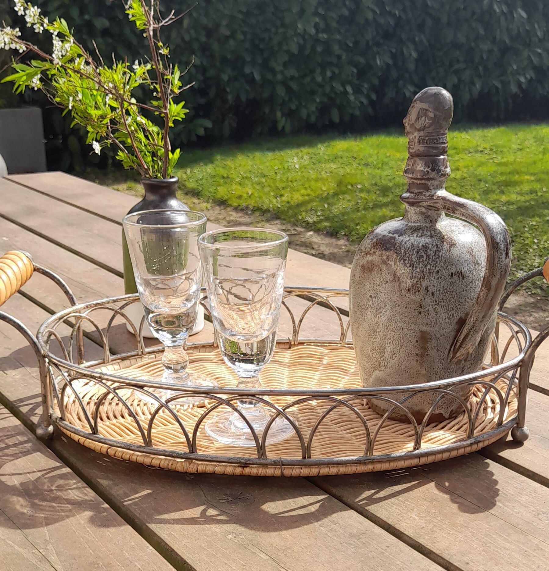 Rattan and silver metal tray with handles - vintage