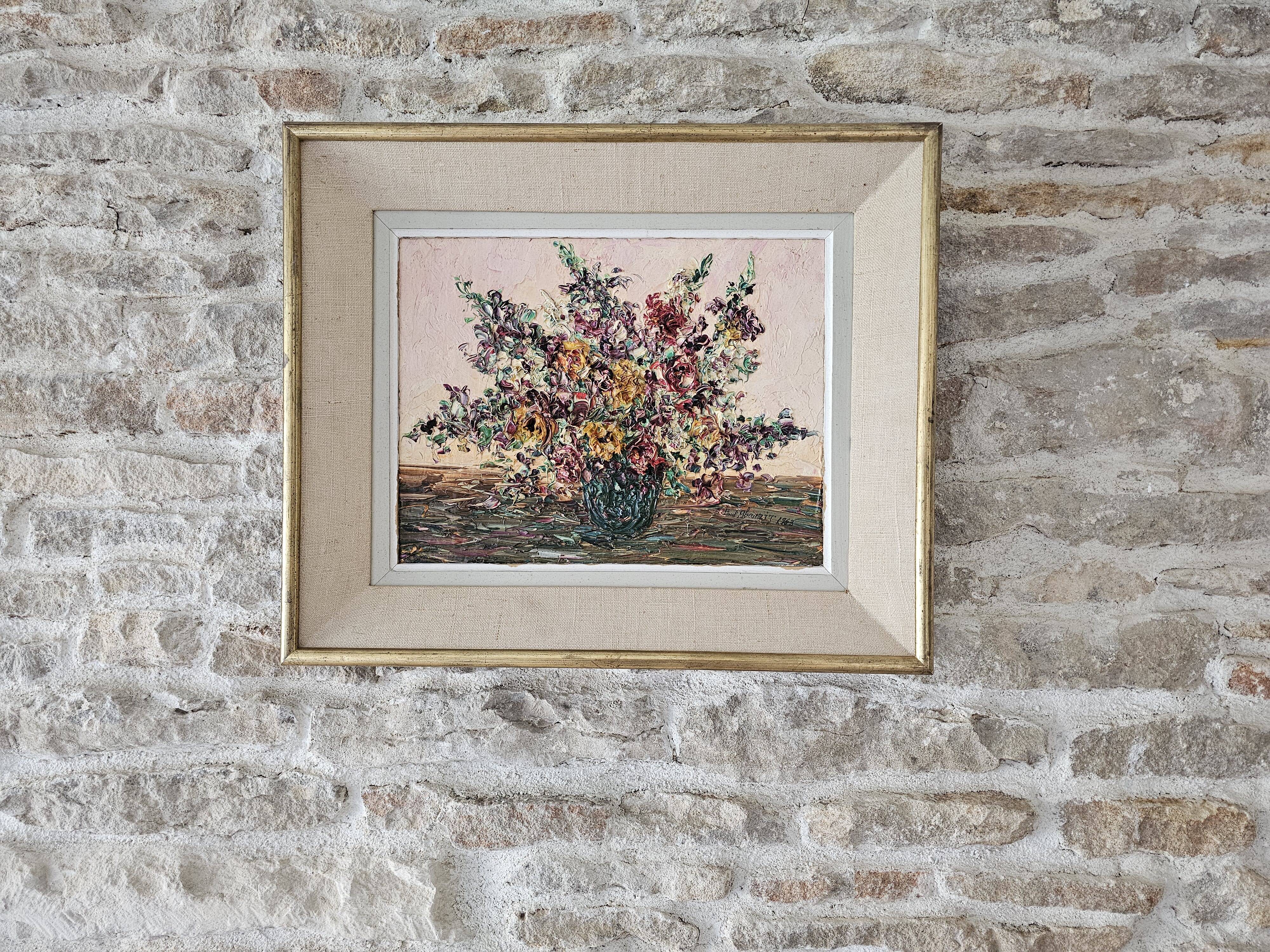 Oil on canvas - Bouquet of flowers with a knife Signed Paul Abouzit
