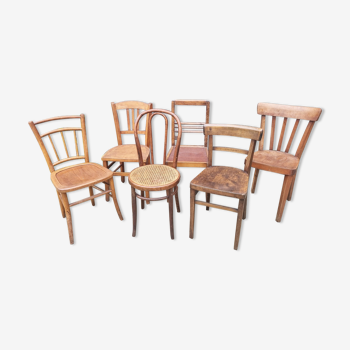 Lot de 6 chaises de bistrot dépareillées, couleur chêne moyen, vintage
