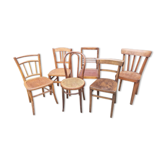 Set of 6 mismatched bistro chairs, medium oak color, vintage
