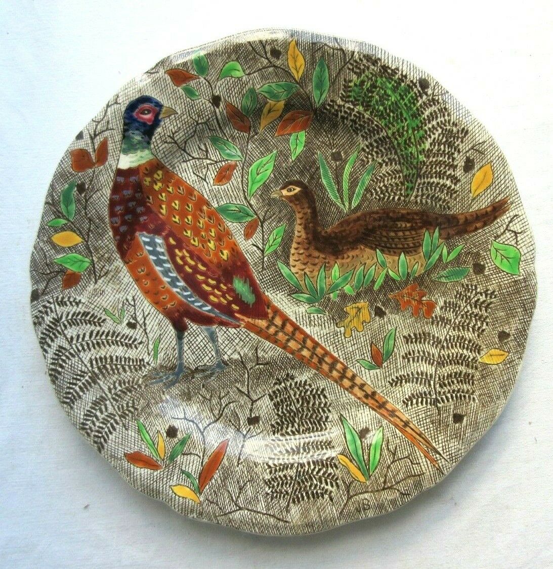 Assiette signée gien, modèle rambouillet: couple de faisans