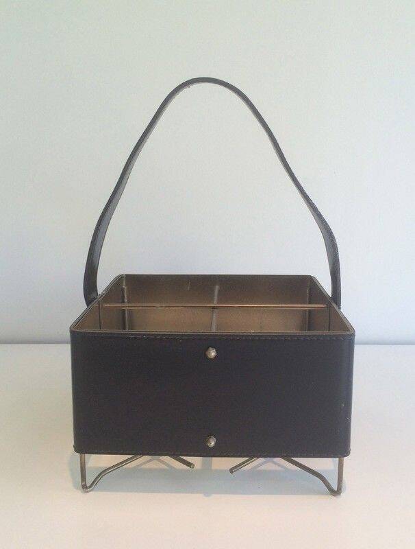 Leather, brass and gold metal bottle holder