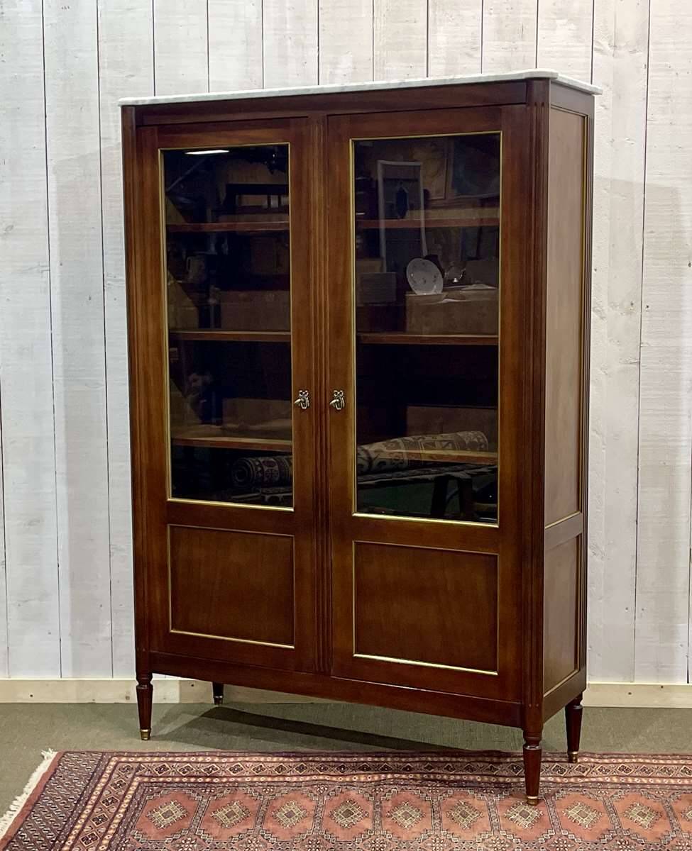 Louis XVI style bookcase in mahogany and marble top from the 70s