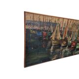 Vintage French Painting With Boats In Harbor by Bourgeois, mid-century