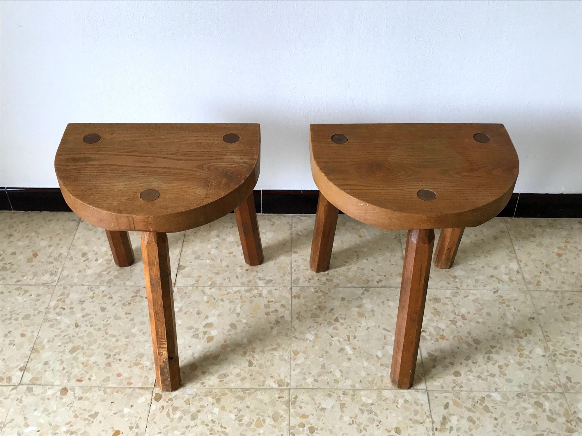 2 tripod oak stools 60s