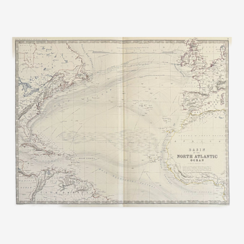 Carte de l’océan Atlantique Nord vers 1869 Keith Johnston Royal, colorée à la main