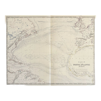 Carte de l’océan Atlantique Nord vers 1869 Keith Johnston Royal, colorée à la main