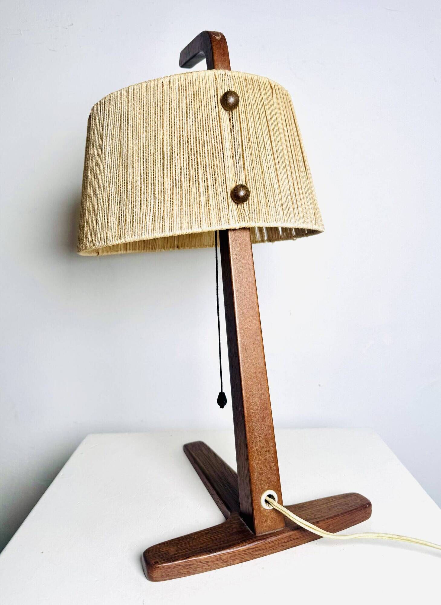 Hemp String & Teak Wood Table Lamp By Ib Fabiansen For Fog & Mørup, Denmark 1950S