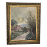 Old oil painting on canvas attributed to R. SCHWAB. Village vintage gilded wood frame 65 x 80 cm