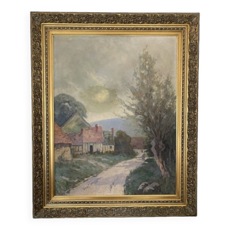 Old oil painting on canvas attributed to R. SCHWAB. Village vintage gilded wood frame 65 x 80 cm