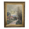 Old oil painting on canvas attributed to R. SCHWAB. Village vintage gilded wood frame 65 x 80 cm