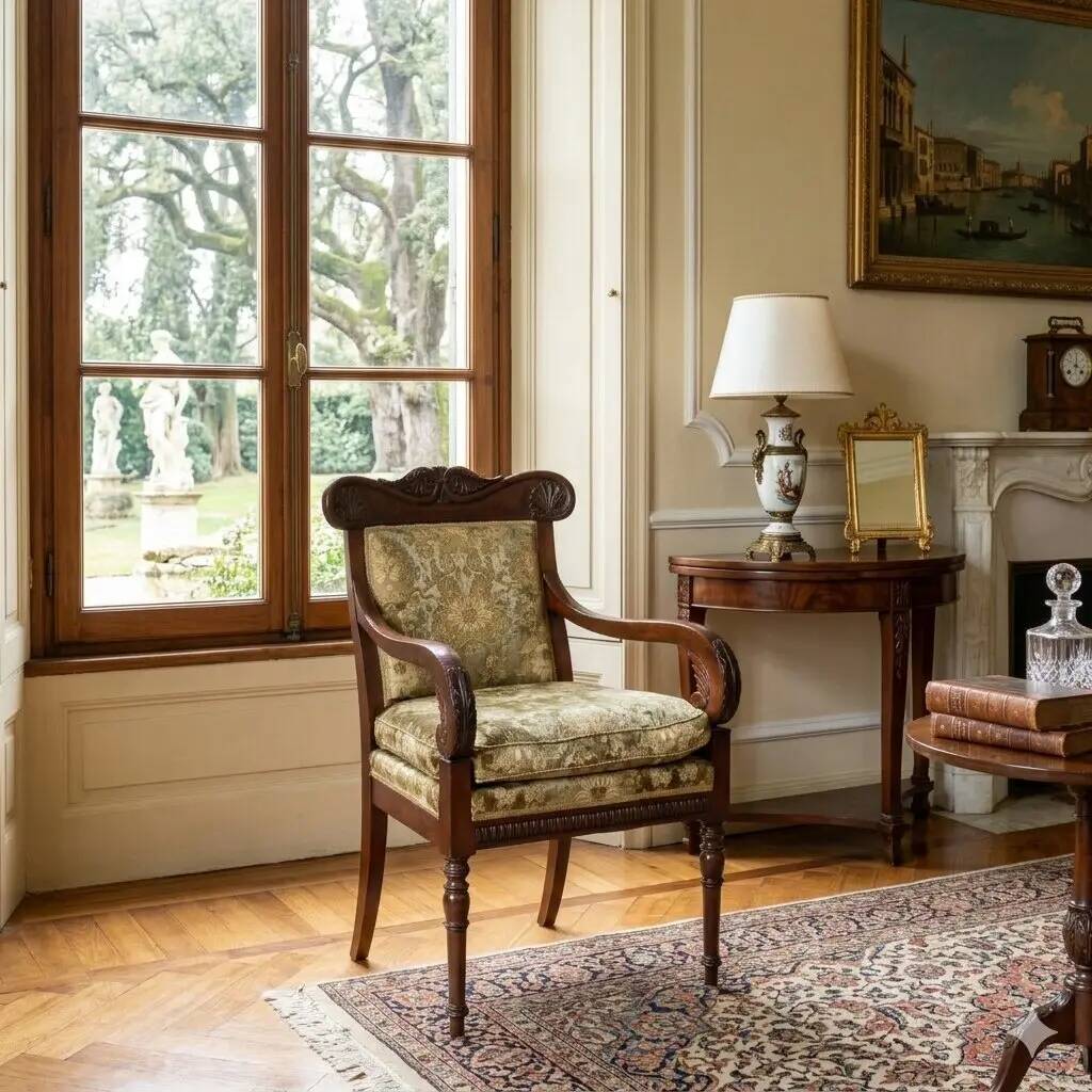 Antique Louis-Philippe armchair in mahogany, Italy, 19th century.