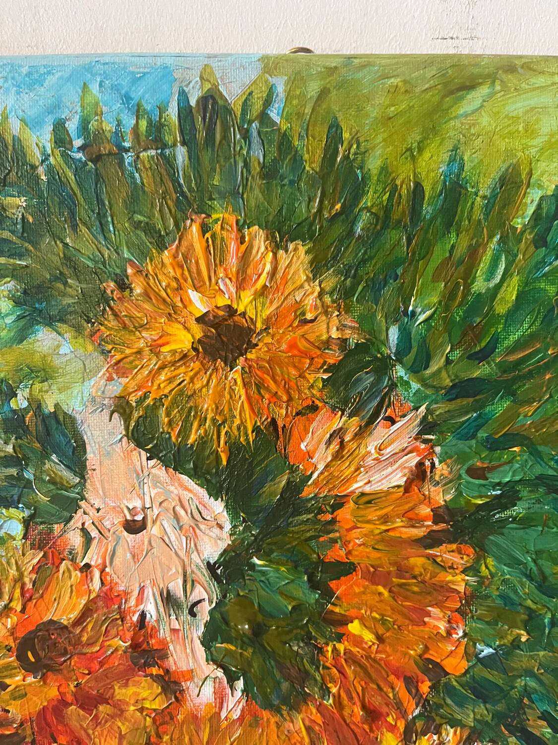 Sunflowers in a blue vase, knife technique, signed
