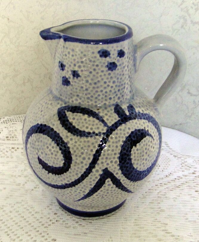 Wine or water jug, grey stoneware, blue decor