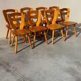 Set of 8 designer pine chairs in the style of Les Arcs Charlotte Perriand from the 70s