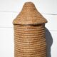 Old basket, burgundy straw and bramble, woven basket with lid, pantry